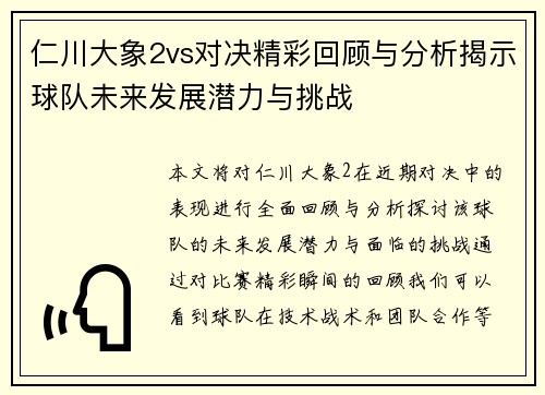 仁川大象2vs对决精彩回顾与分析揭示球队未来发展潜力与挑战